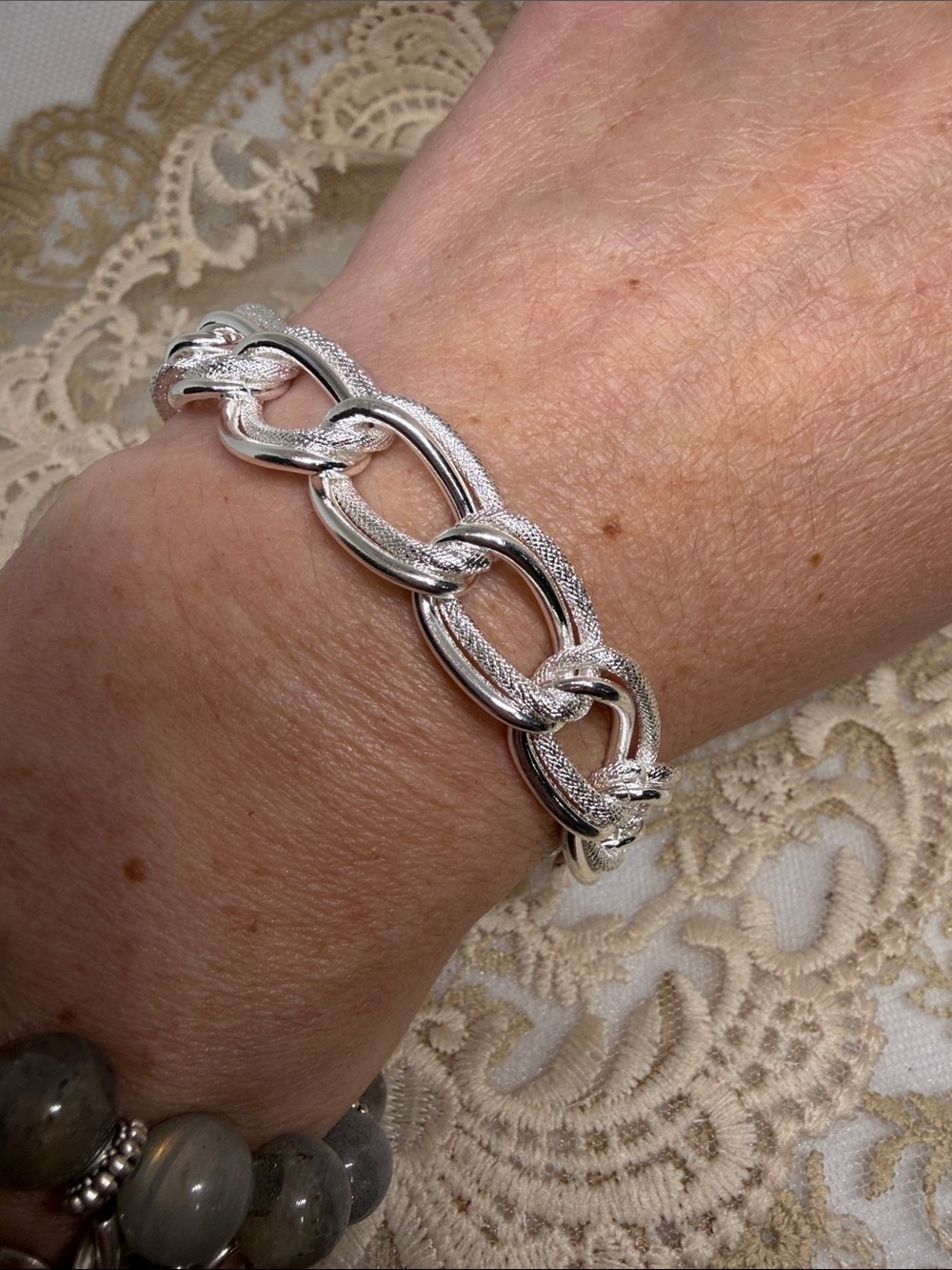 925 Sterling Silver Double Link Bracelet | Textured Chunky Toggle Chain